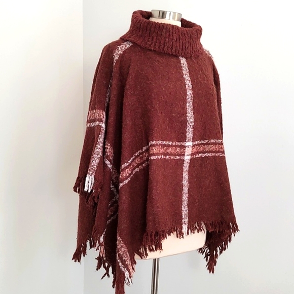 World Market Plaid Knit Cowl Neck Poncho Blanket Cape - Picture 2 of 10